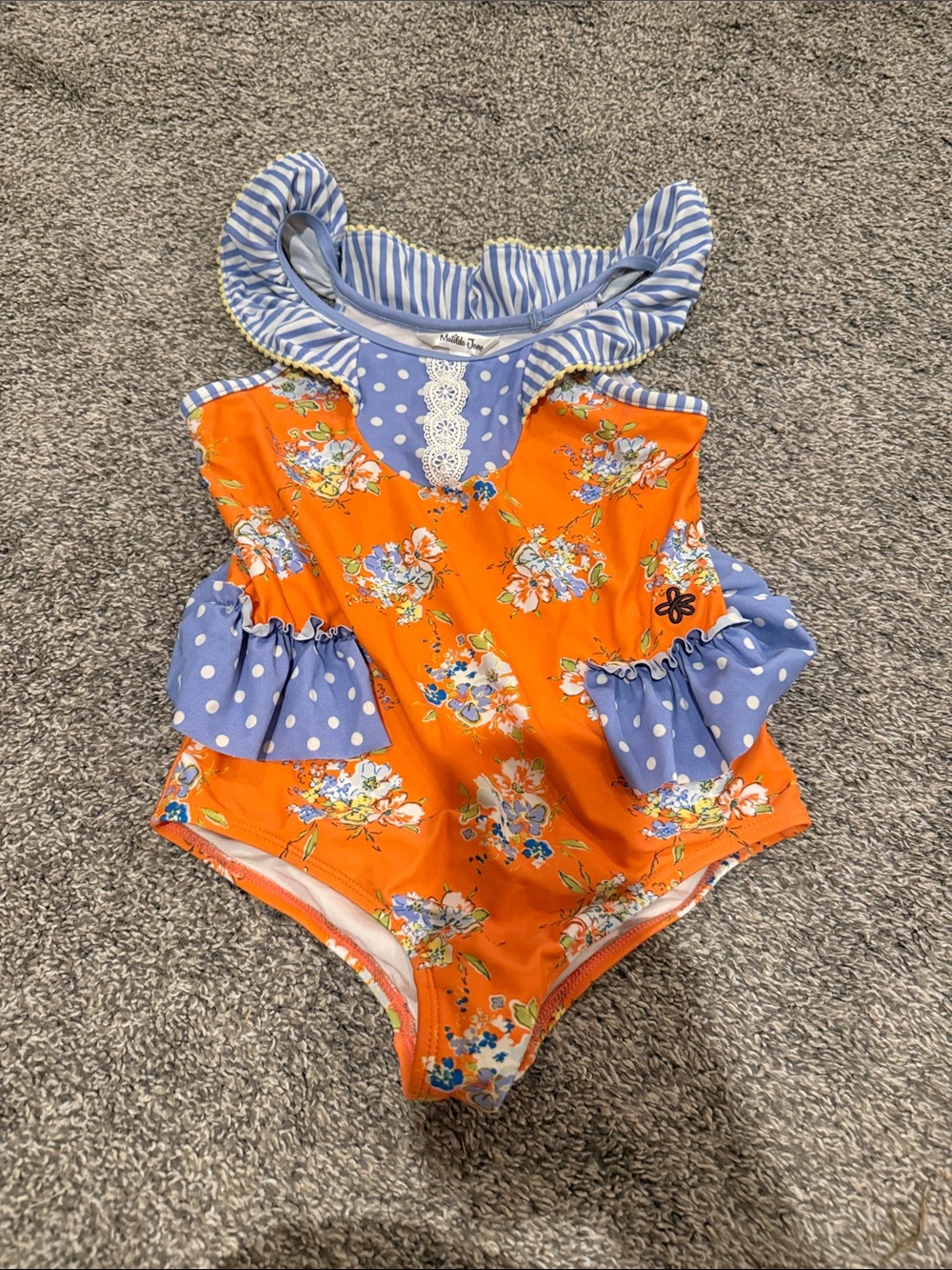 Matilda Jane Orange Floral One-Piece with Blue Polka-Dot Ruffles